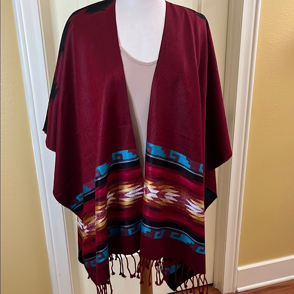 Southwestern Style Poncho with Fringe from Ecuador - Picture 2 of 5